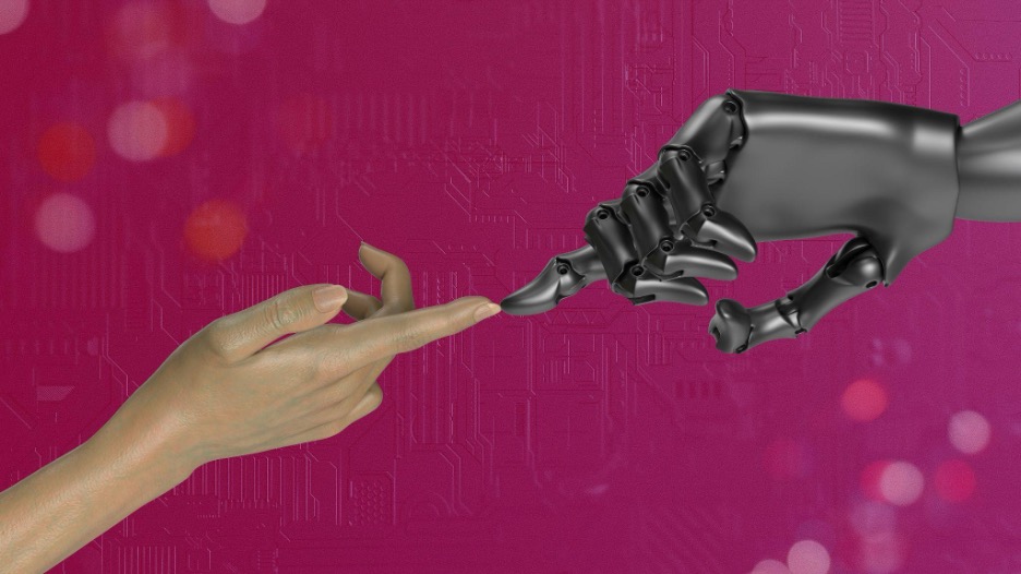 artificial hand reaching out to a human hand. AI concept, AI chatbot concept.