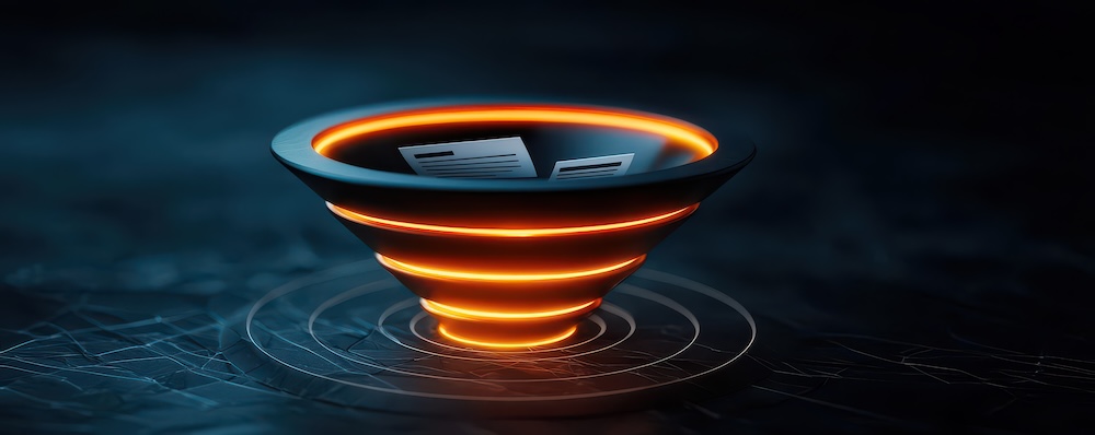 3D conceptual image of a large glowing funnel labeled Recruitment Funnel, with resumes, applications, and candidate profiles entering at the top