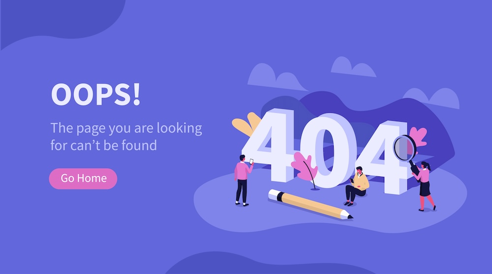 Illustration of a 404 error page on a business website, representing broken links, website technical issues, poor user experience, and the need for a modern website redesign.