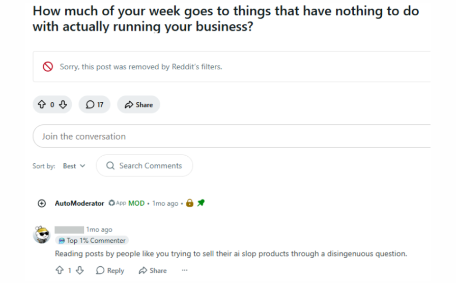 An example of a promotional Reddit post that was removed after commenters flagged it as advertising.