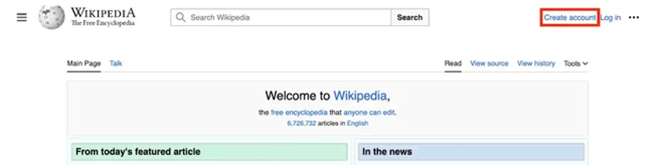 Picture of a Wikipedia page to open a new account.