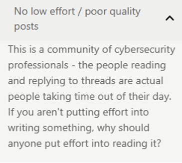 An example of a post quality rule from r/cybersecurity.