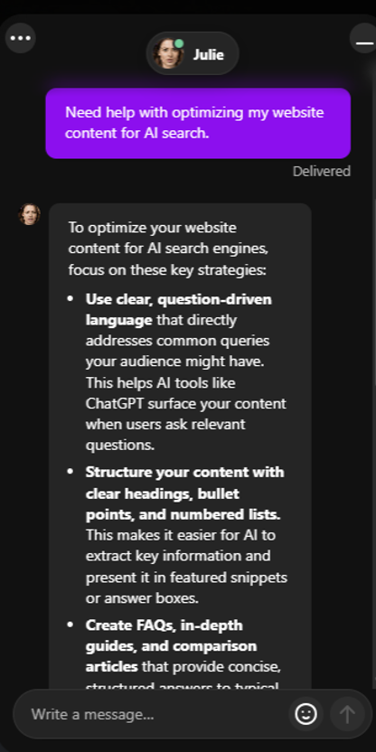 an example of a chat bot / person chat. Concept of an AI-powered chatbot answering nuanced questions and qualifying a lead by asking the right follow-up questions based on how the conversation unfolds. 